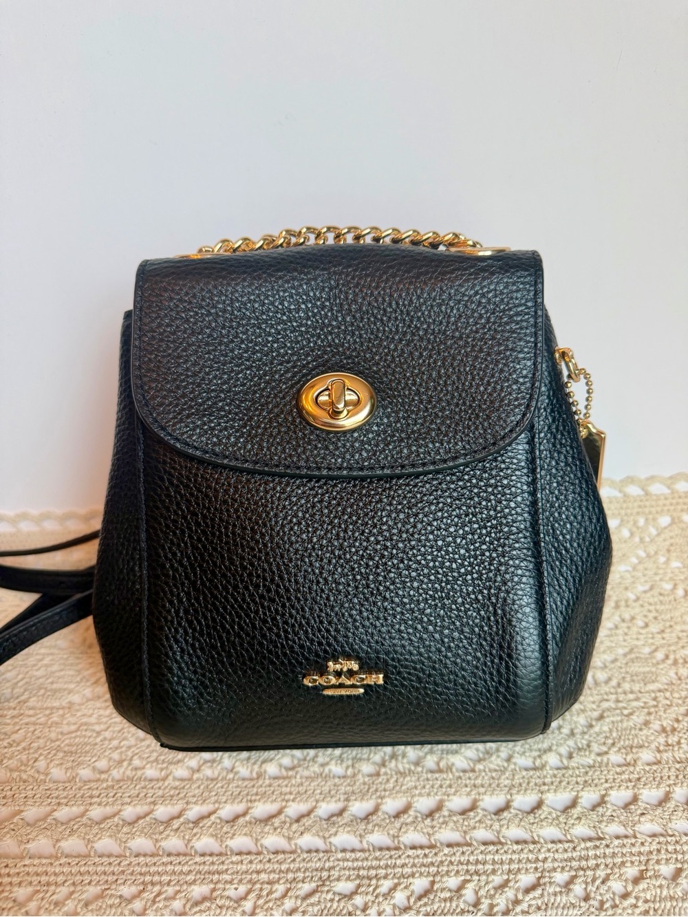 Coach Mini Convertible Backpack Black Pebble Leather Gold Chain C4223